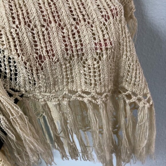 Women's PPLA Cream Open Knit Kimono w/Fringe Trim on Hem & Sleeves, Size S/M - Picture 5 of 9